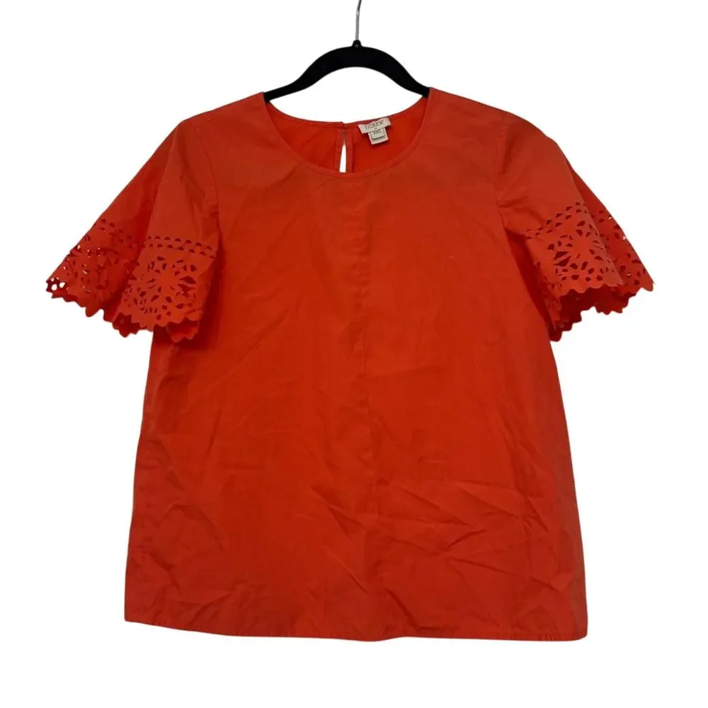 J.Crew‎ Blouse Women's XXS Top Orange Eyelet Flutter Sleeve Summer Cotton Blend